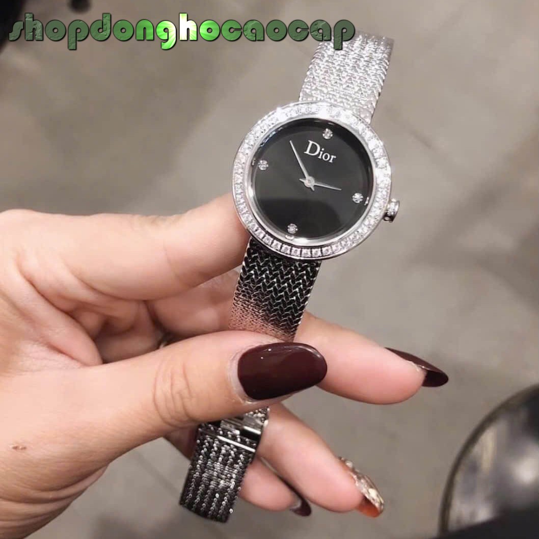 Đồng Hồ Nữ Christian Dior Satine Mặt Đen Đính Đá Dây Lưới Silver Size 30mm
