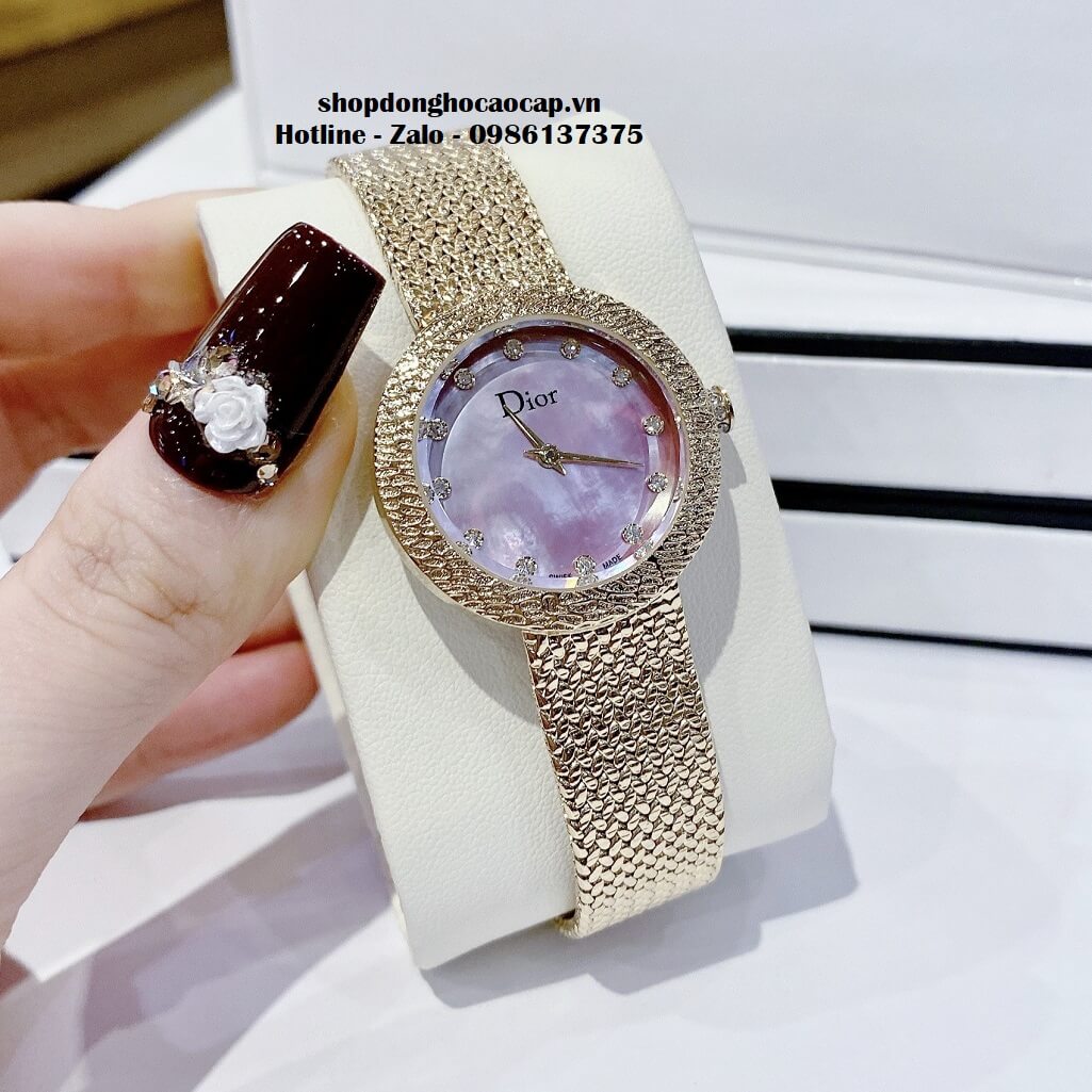 Đồng Hồ Nữ Christian Dior Dây Mesh Vàng Mặt Hồng Xà Cừ 30mm