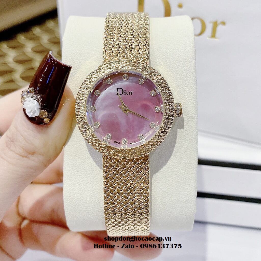 Đồng Hồ Nữ Christian Dior Dây Mesh Vàng Mặt Hồng Xà Cừ 30mm