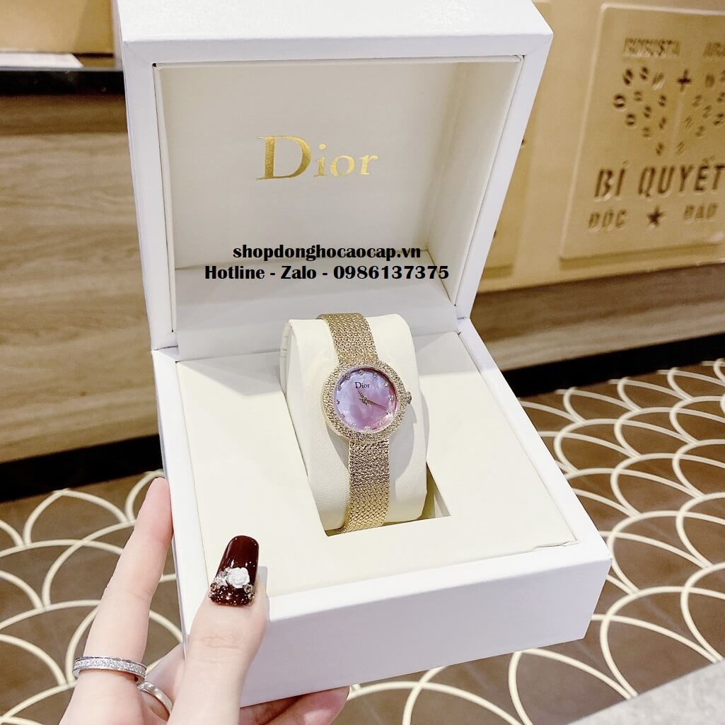 Đồng Hồ Nữ Christian Dior Dây Mesh Vàng Mặt Hồng Xà Cừ 30mm