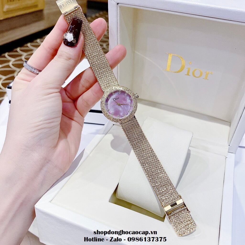 Đồng Hồ Nữ Christian Dior Dây Mesh Vàng Mặt Hồng Xà Cừ 30mm