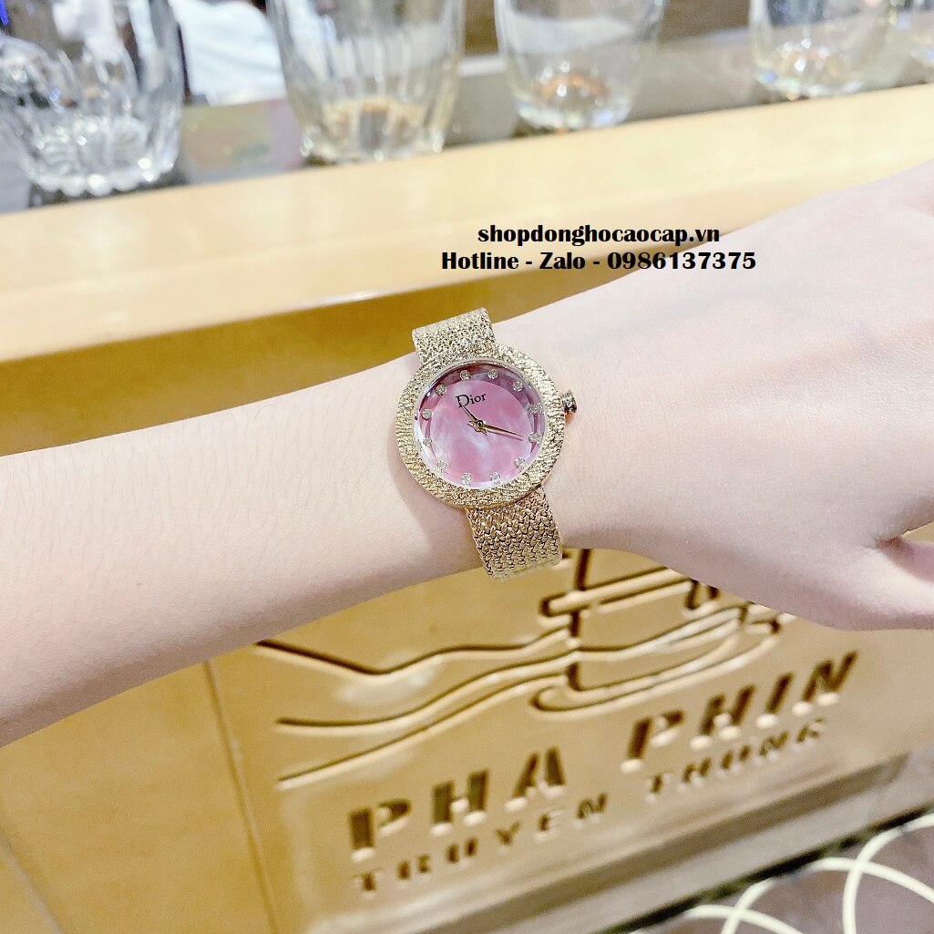 Đồng Hồ Nữ Christian Dior Dây Mesh Vàng Mặt Hồng Xà Cừ 30mm