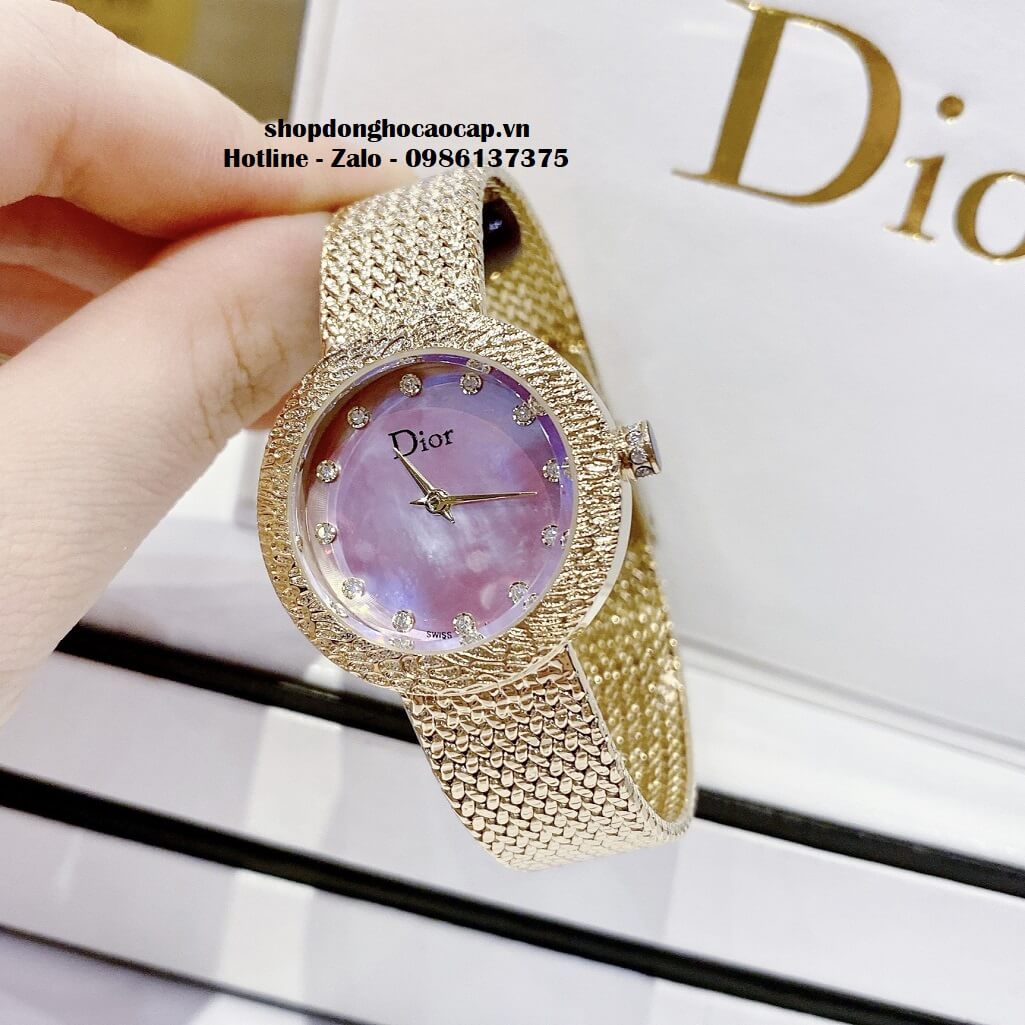 Đồng Hồ Nữ Christian Dior Dây Mesh Vàng Mặt Hồng Xà Cừ 30mm