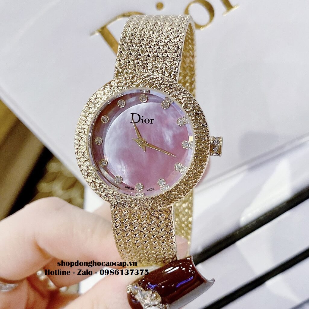 Đồng Hồ Nữ Christian Dior Dây Mesh Vàng Mặt Hồng Xà Cừ 30mm