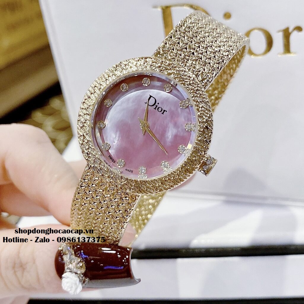 Đồng Hồ Nữ Christian Dior Dây Mesh Vàng Mặt Hồng Xà Cừ 30mm