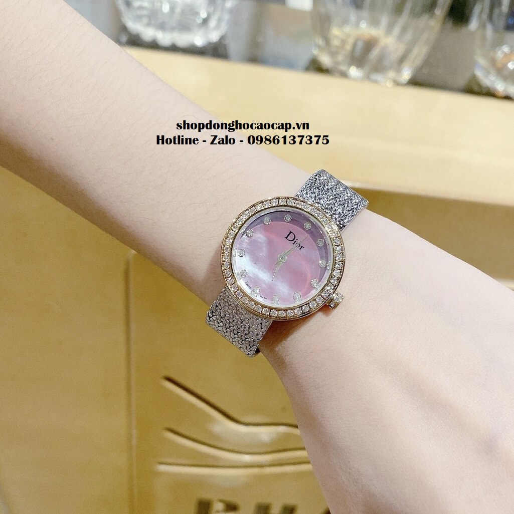 Đồng Hồ Nữ Christian Dior Dây Mesh Demi Vàng Mặt Hồng Xà Cừ 30mm