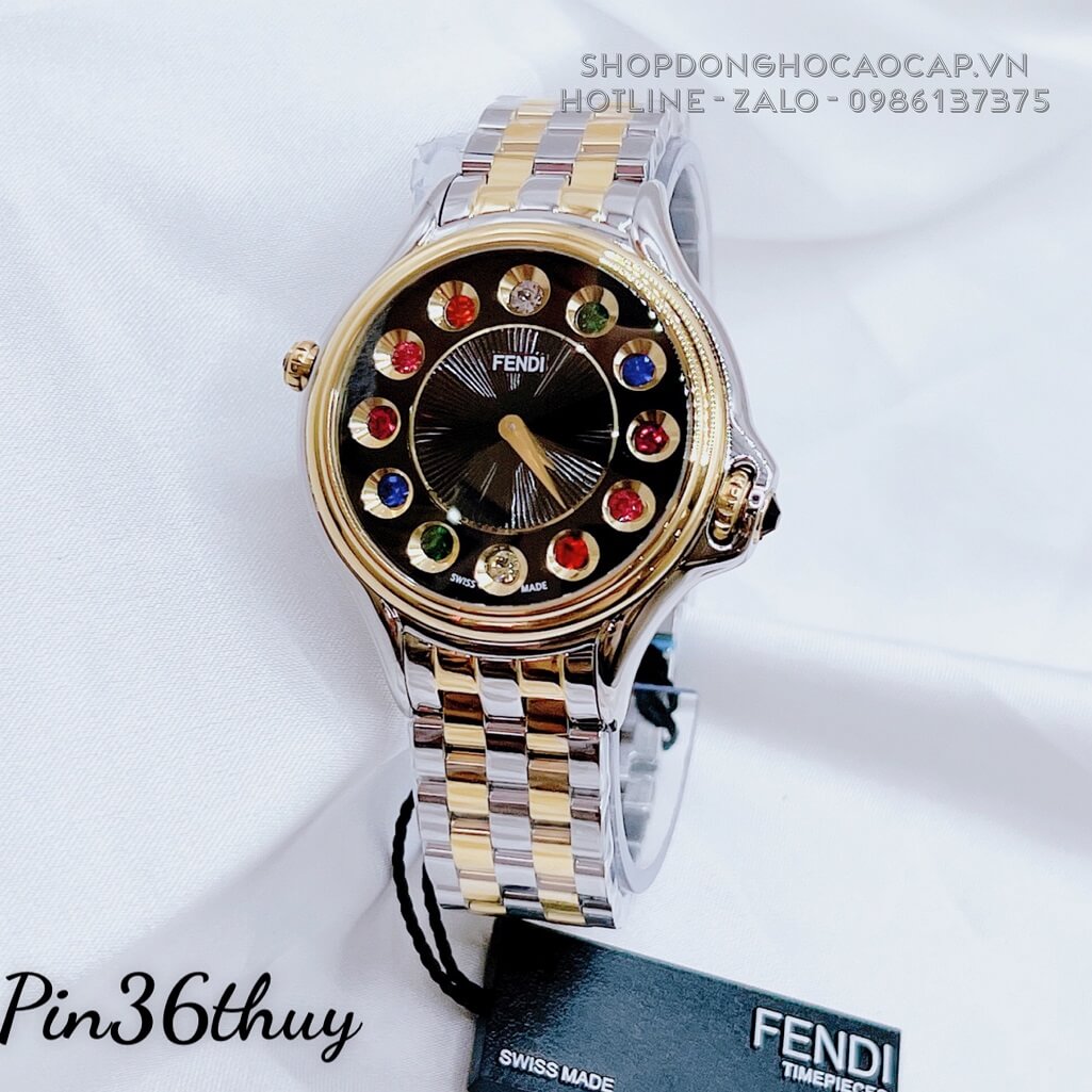 Đồng Hồ Nữ Fendi Crazy Carats Đá Xoay 7 Màu 36mm Kim Loại Demi Mặt Đen