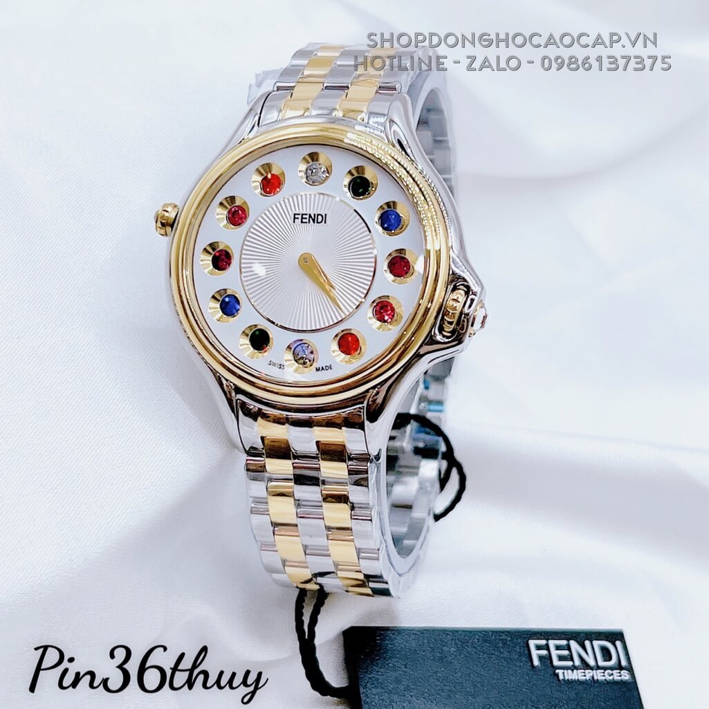 Đồng Hồ Nữ Fendi Crazy Carats Đá Xoay 7 Màu 36mm Kim Loại Demi Mặt Trắng