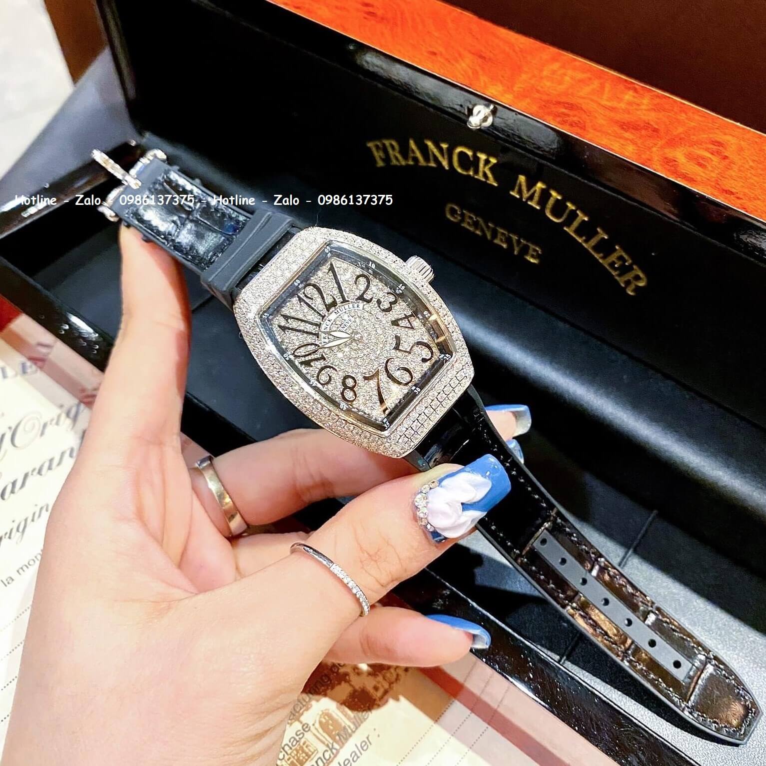 Đồng Hồ Franck Muller Nữ Silicon Đen Đính Đá Silver 34mm