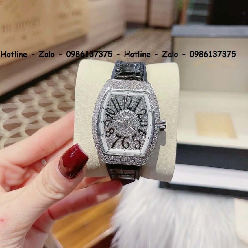 Đồng Hồ Franck Muller Nữ Silicon Đen Mặt Đính Đá Silver 34mm