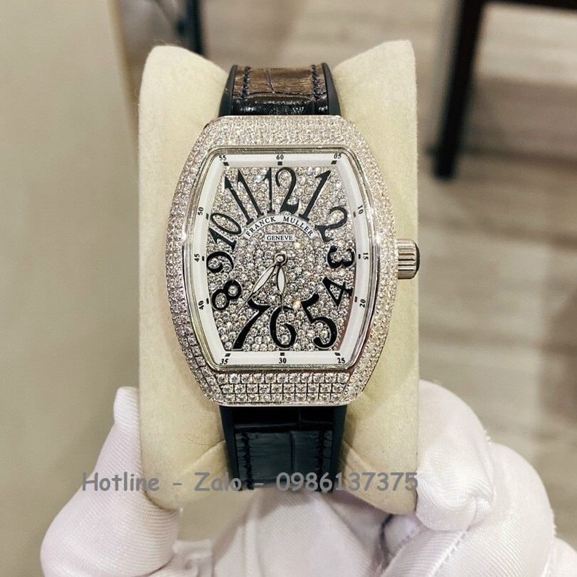 Đồng Hồ Franck Muller Nữ Dây Da Silicon Đen Mặt Đính Đá Silver 34mm