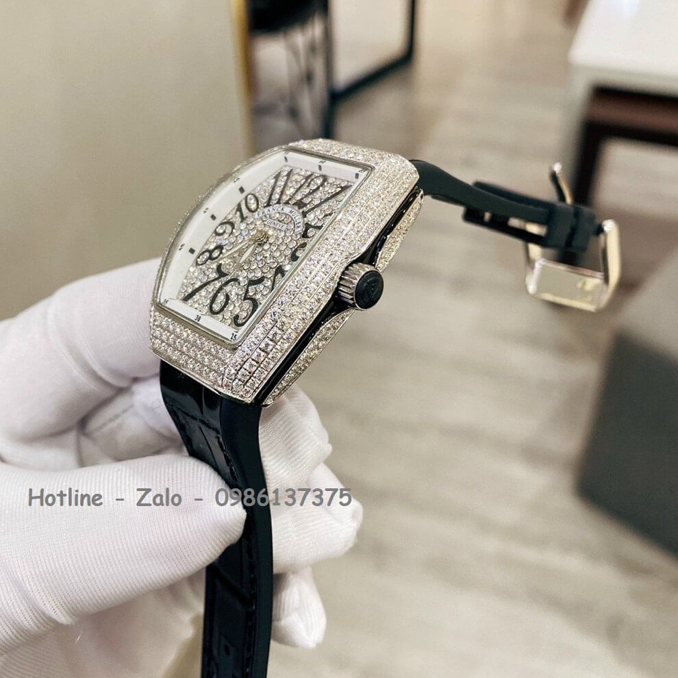 Đồng Hồ Franck Muller Nữ Dây Da Silicon Đen Mặt Đính Đá 34mm