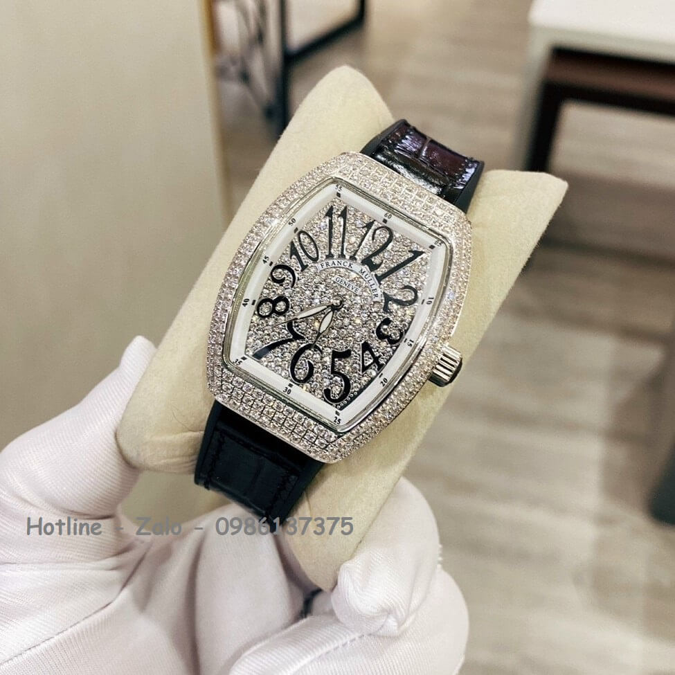 Đồng Hồ Franck Muller Nữ Dây Da Silicon Đen Mặt Đính Đá 34mm