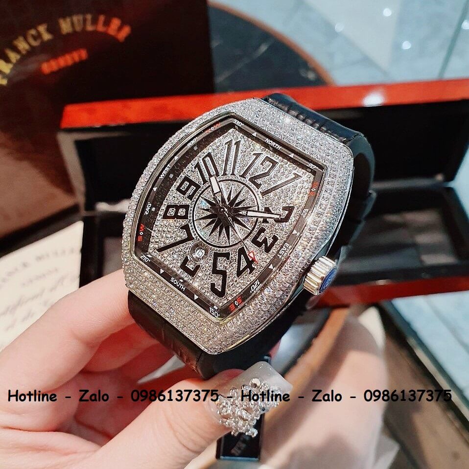 Đồng Hồ Franck Muller V32 - V45 Dây Da Silicon Đen Silver