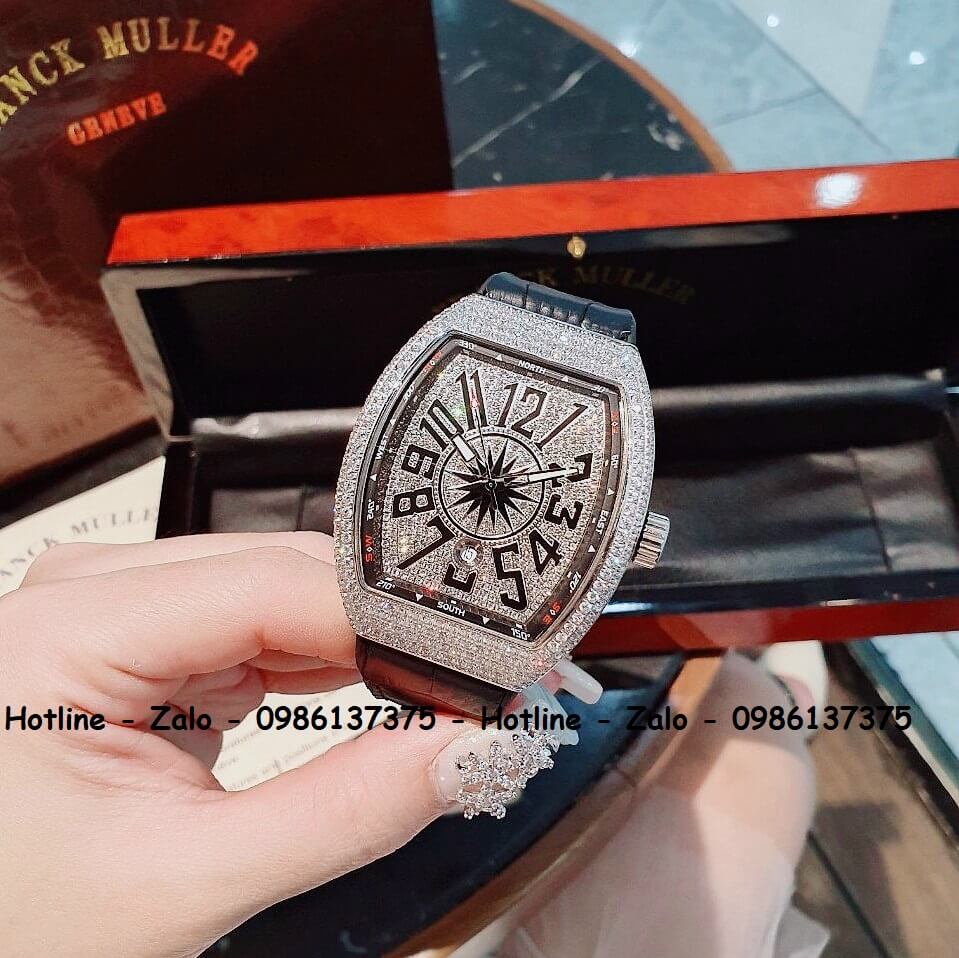 Đồng Hồ Franck Muller V32 - V45 Dây Da Silicon Đen Silver