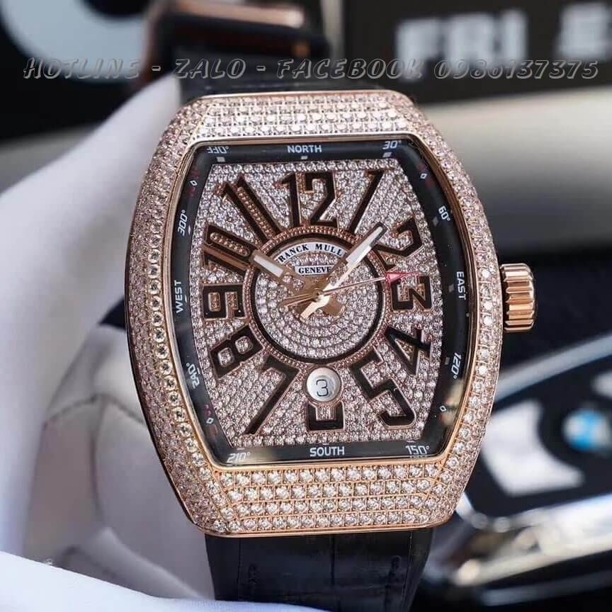 Đồng Hồ Franck Muller Nam Automatic Da Silicon Đen Đá Vàng Hồng