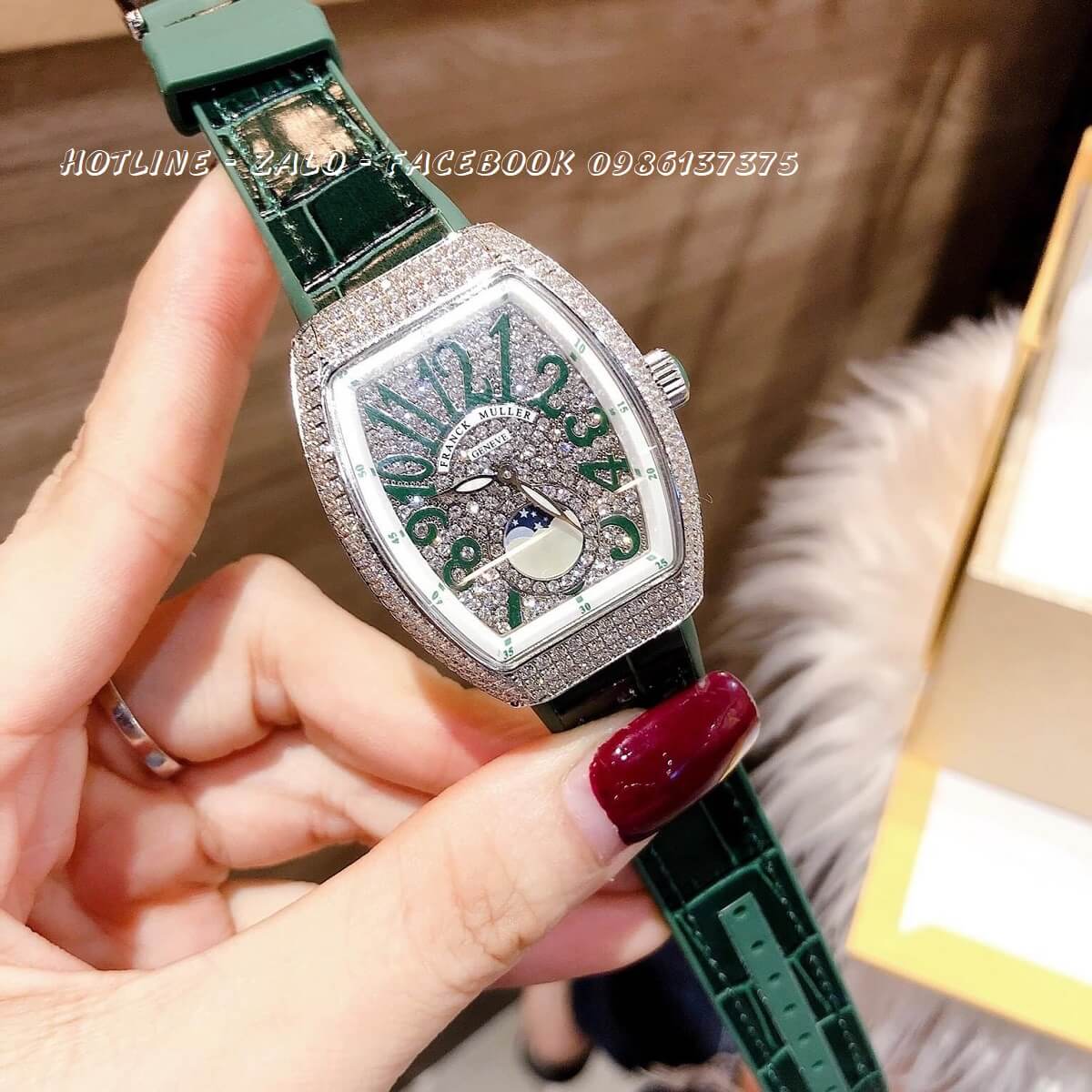 Đồng Hồ Franck Muller Nữ Dây Da Silicon Xanh Mặt Full Đá