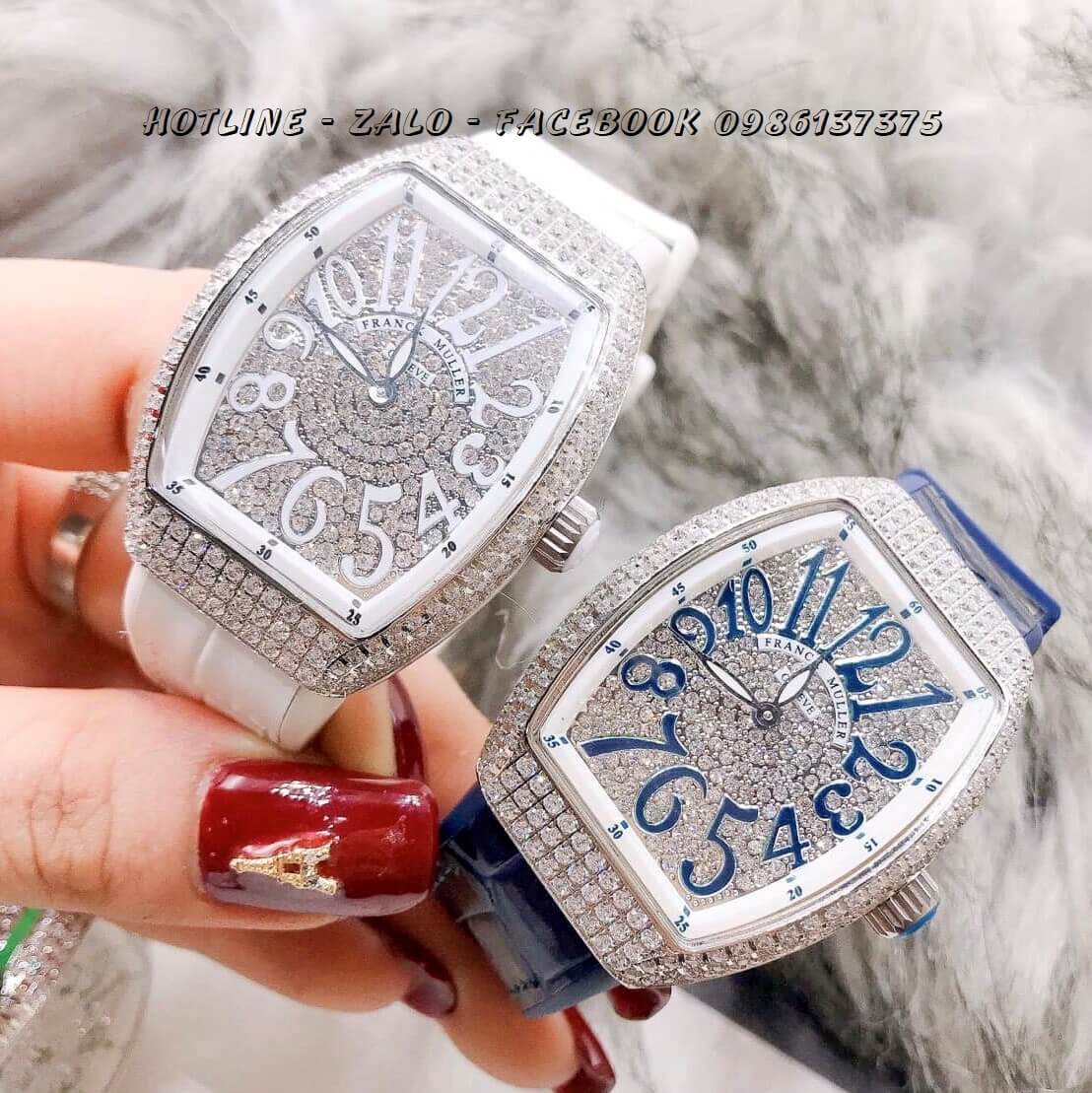 Đồng Hồ Franck Muller Nữ Dây Da Silicon Trắng Mặt Full Đá