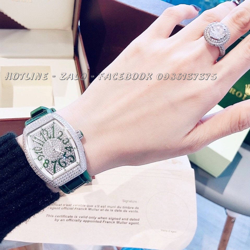 Đồng Hồ Franck Muller Nữ Dây Da Silicon Xanh Lá Mặt Full Đá