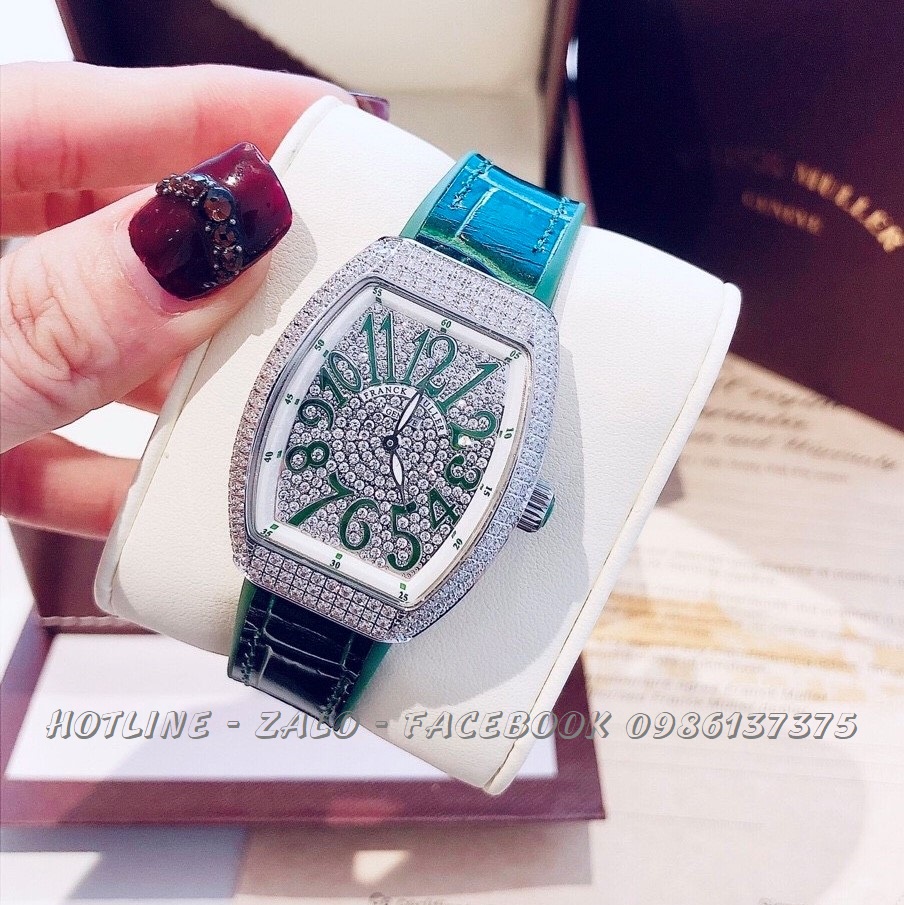 Đồng Hồ Franck Muller Nữ Dây Da Silicon Xanh Lá Mặt Full Đá