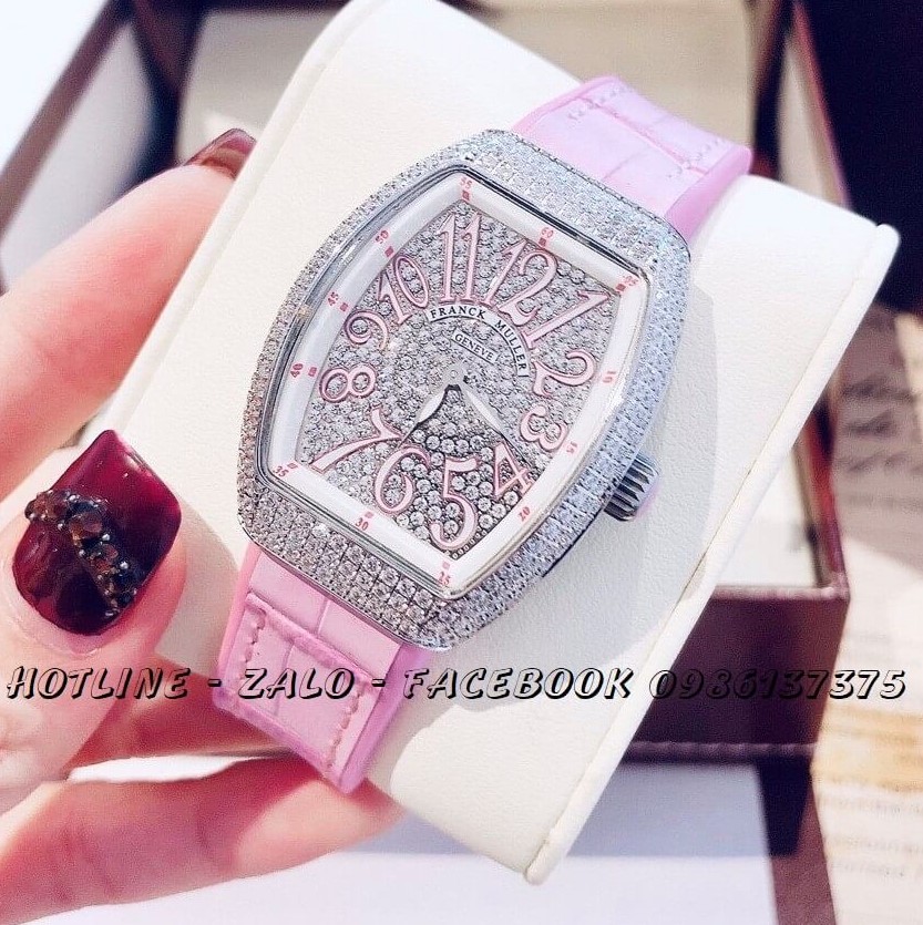 Đồng Hồ Franck Muller Nữ Dây Da Silicon Hồng Mặt Full Đá Silver