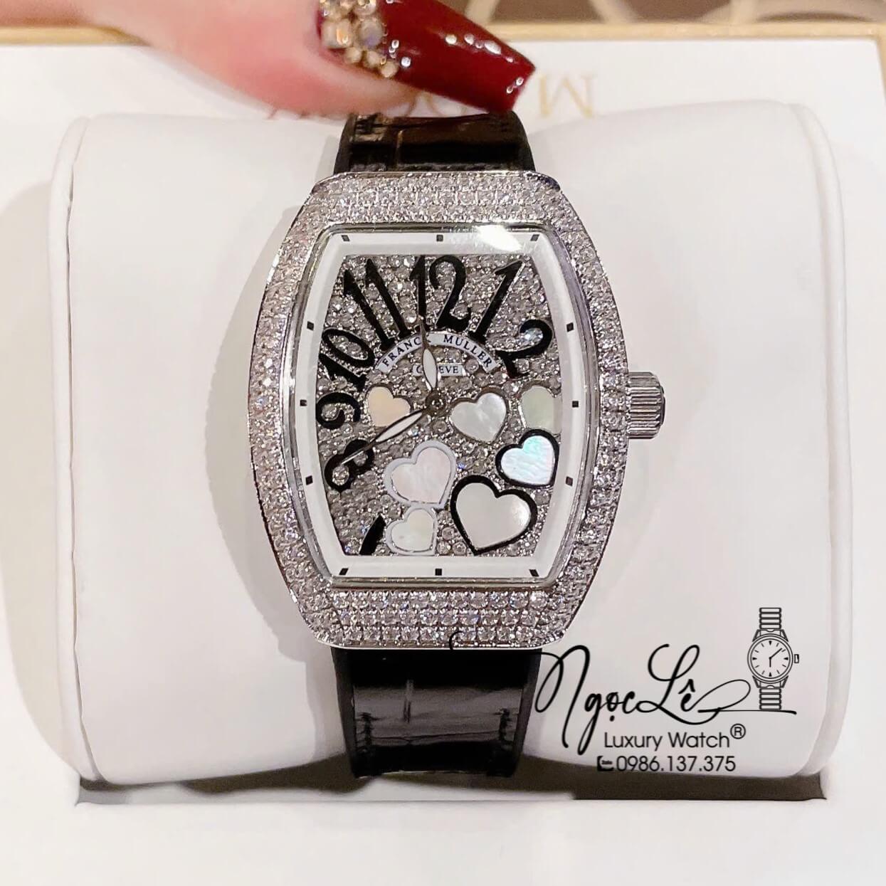 Đồng Hồ Franck Muller Nữ Dây Cao Su Bọc Da Màu Đen Đính Đá Mix Trái Tim Size 33mm