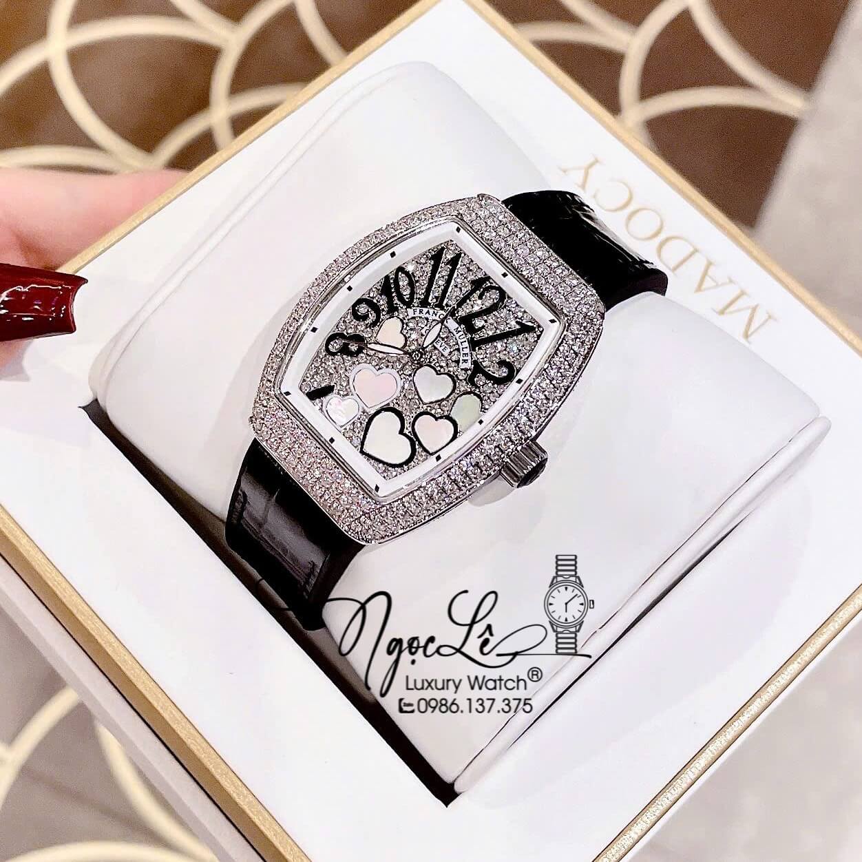 Đồng Hồ Franck Muller Nữ Dây Cao Su Bọc Da Màu Đen Đính Đá Mix Trái Tim Size 33mm