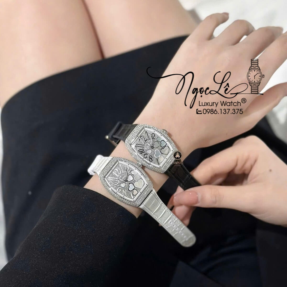Đồng Hồ Franck Muller Nữ Dây Cao Su Bọc Da Màu Đen Đính Đá Mix Trái Tim Size 33mm