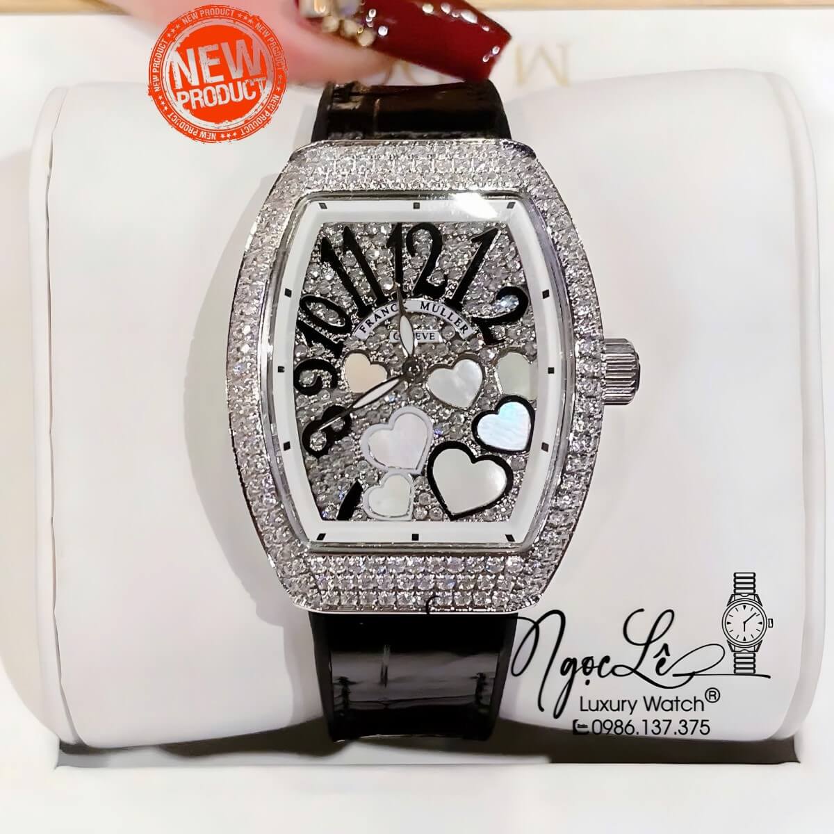 Đồng Hồ Franck Muller Nữ Dây Cao Su Bọc Da Màu Đen Đính Đá Mix Trái Tim Size 33mm