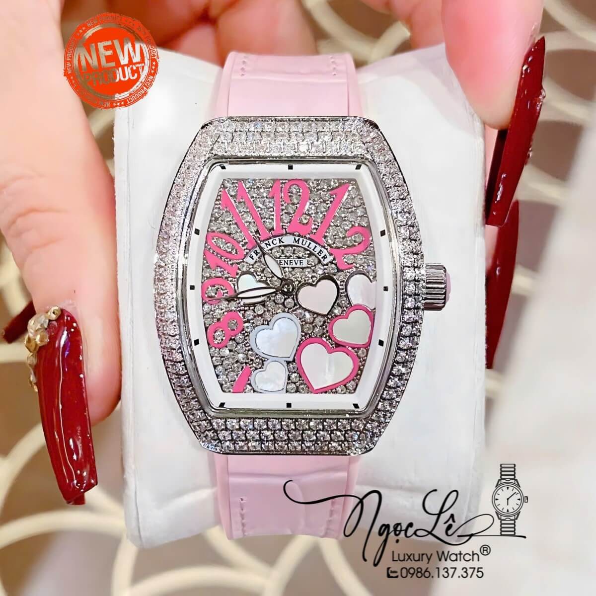 Đồng Hồ Franck Muller Nữ Dây Cao Su Bọc Da Màu Hồng Đính Đá Mix Trái Tim Size 33mm