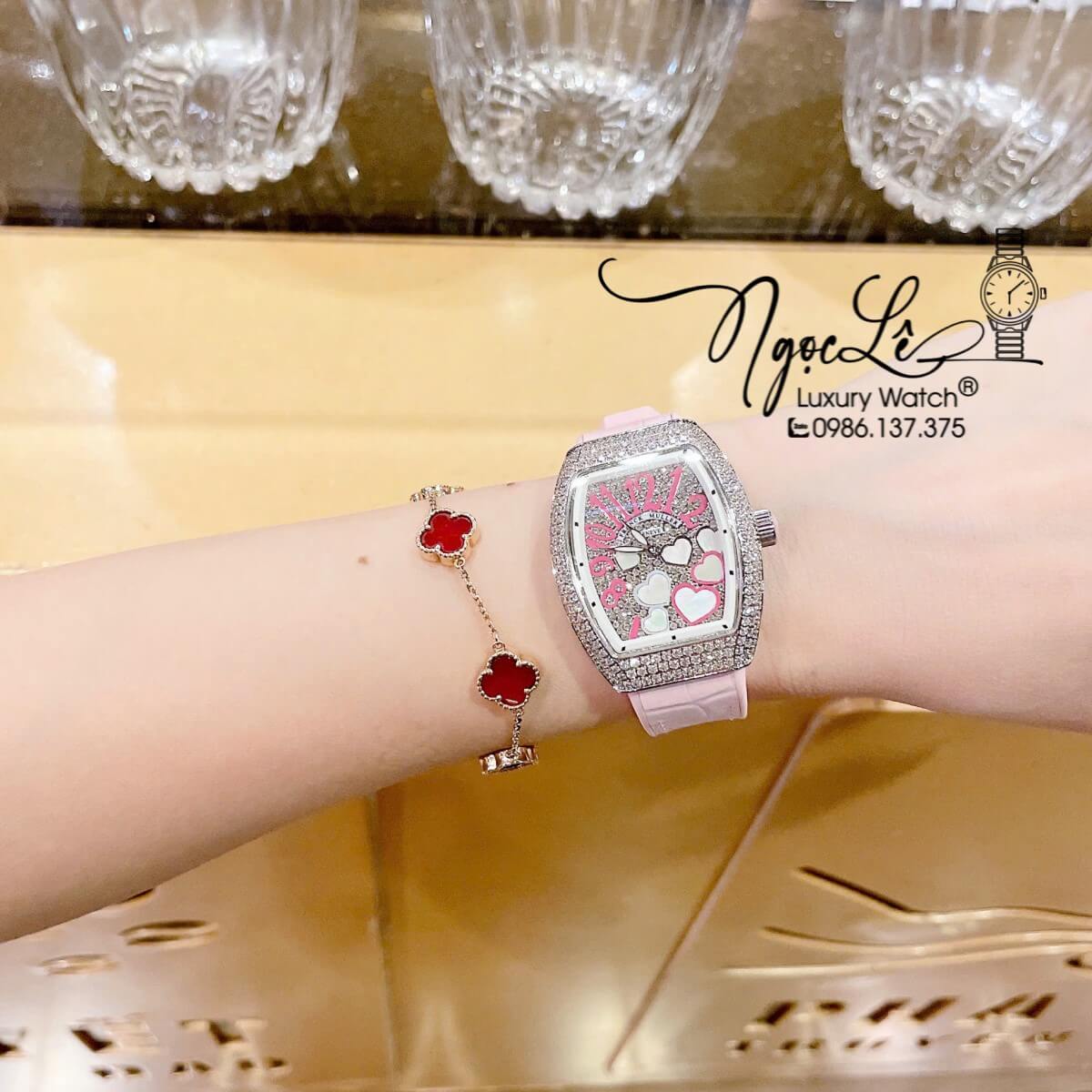 Đồng Hồ Franck Muller Nữ Dây Cao Su Bọc Da Màu Hồng Đính Đá Mix Trái Tim Size 33mm