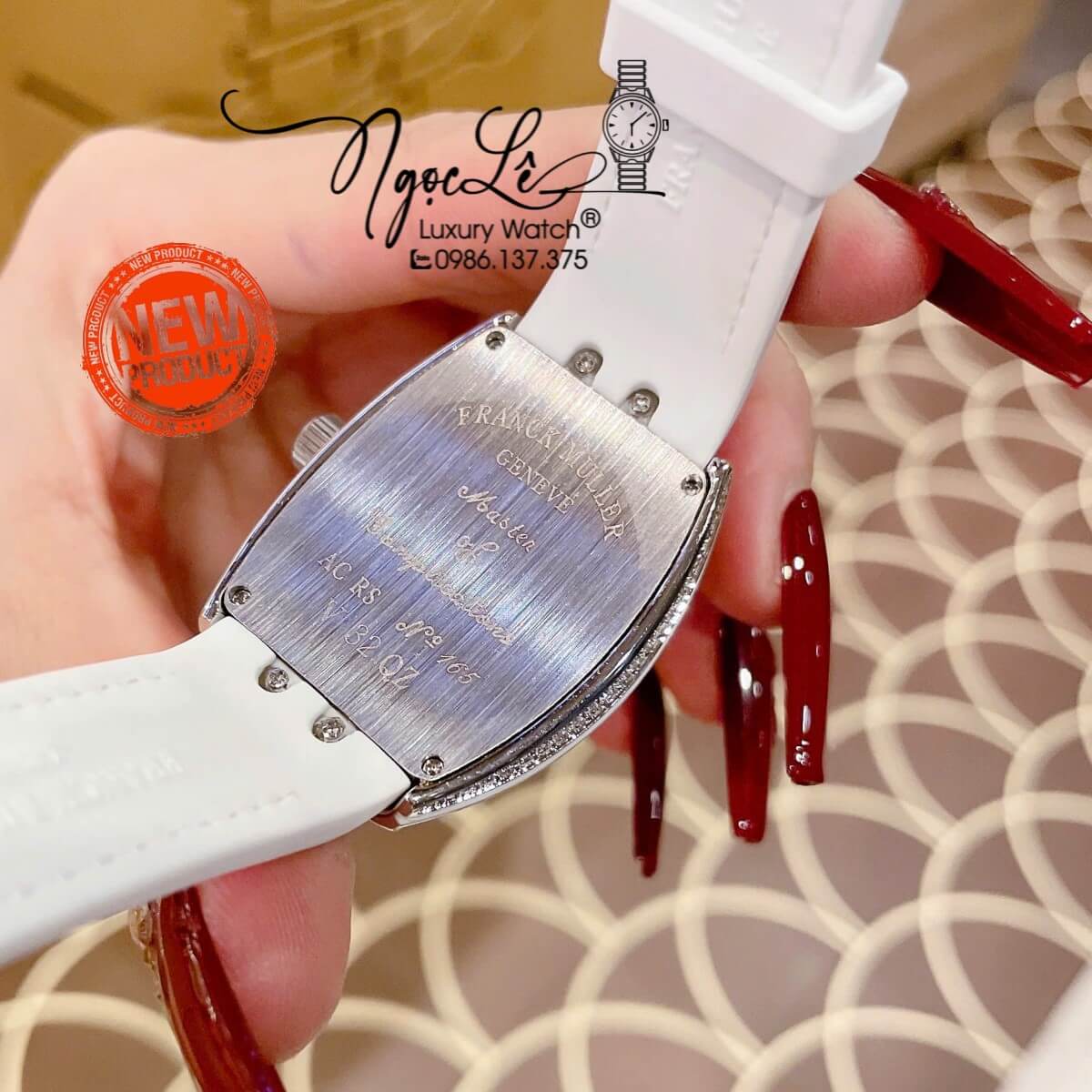 Đồng Hồ Franck Muller Nữ Dây Cao Su Bọc Da Màu Trắng Đính Đá Mix Trái Tim Size 33mm