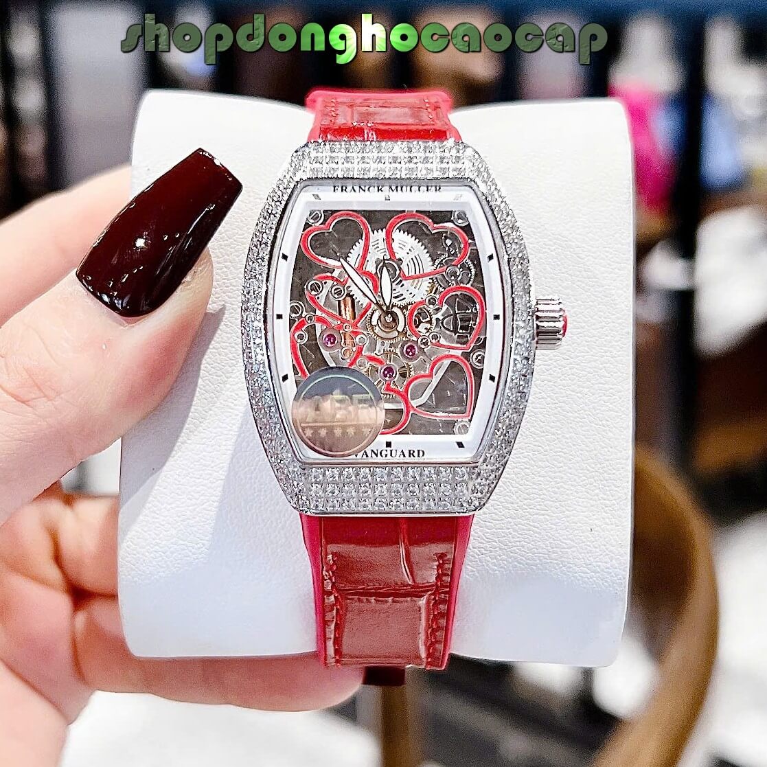 Đồng Hồ Franck Muller Nữ Dây Cao Su Màu Đỏ Mặt Trái Tim Viền Đá Silver Size 32mm Máy ABF Thụy Sĩ