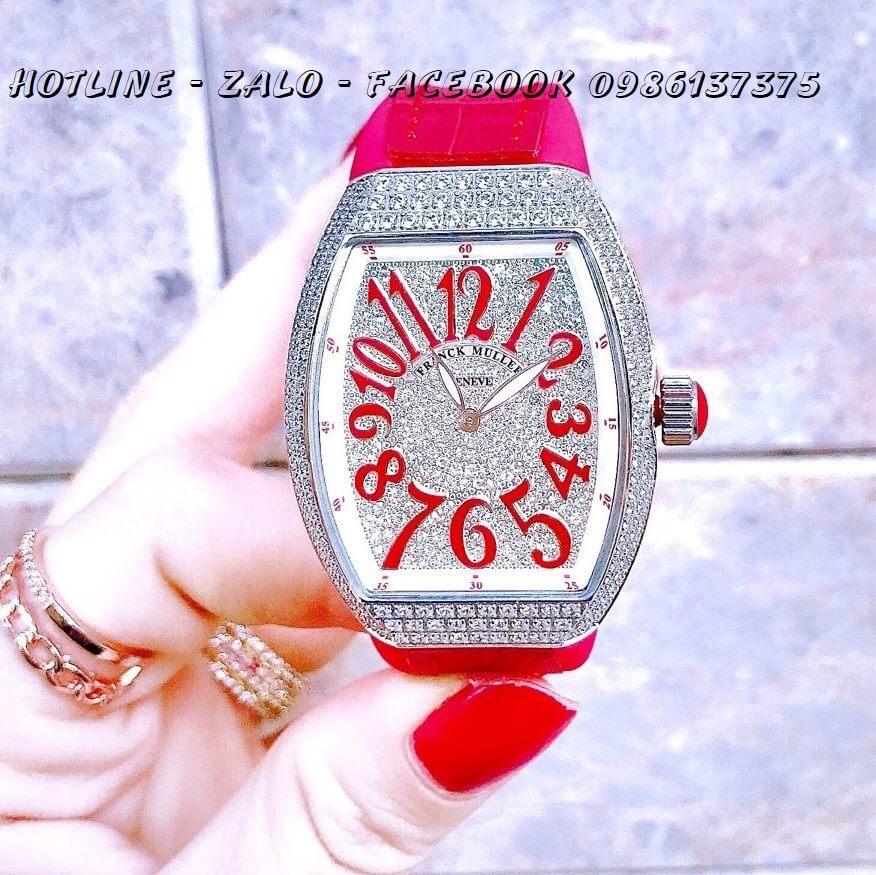 Đồng Hồ Franck Muller Nữ Dây Da Silicon Đỏ Mặt Full Đá Silver 42x32mm