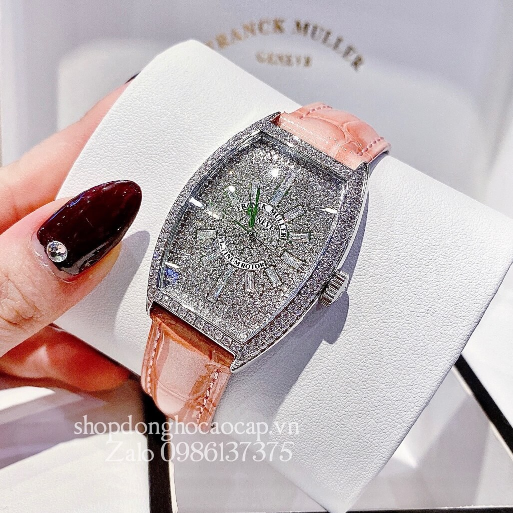 Đồng Hồ Franck Muller Nữ Dây Da Hồng Mặt Silver Đính Đá 33mm