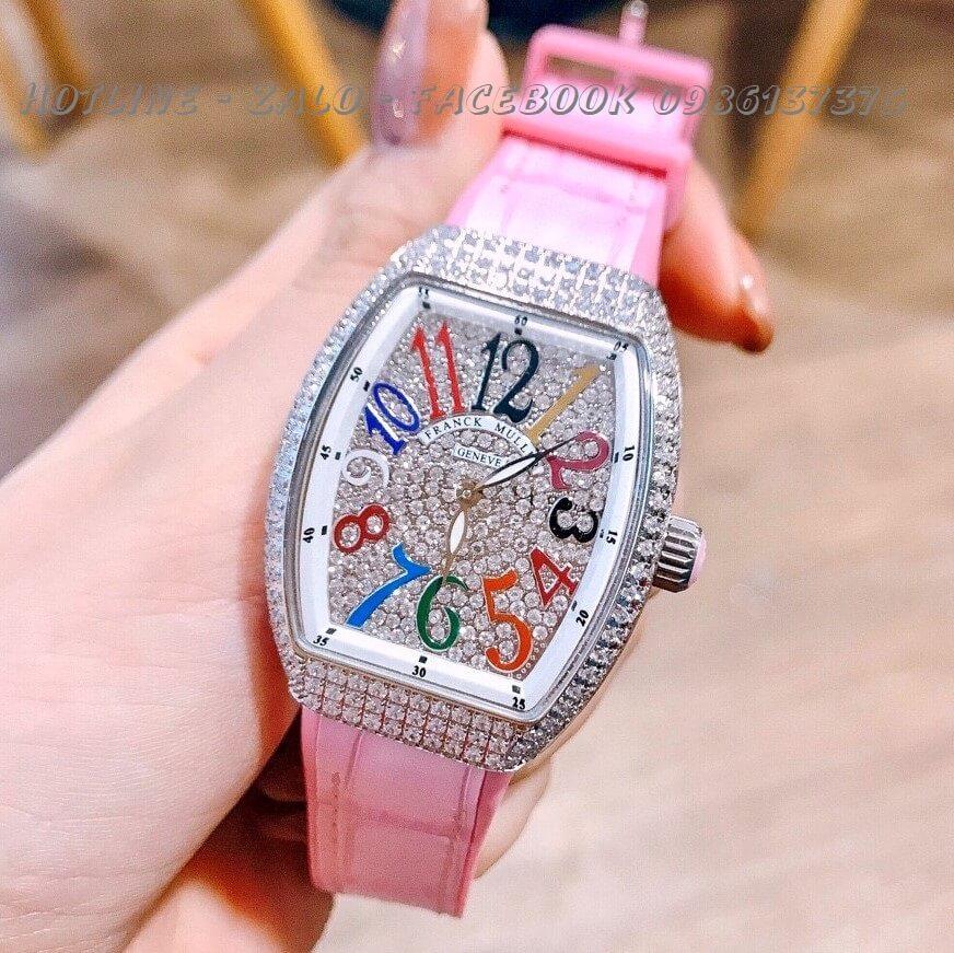 Đồng Hồ Franck Muller Nữ Dây Da Silicon Hồng Mặt Full Đá