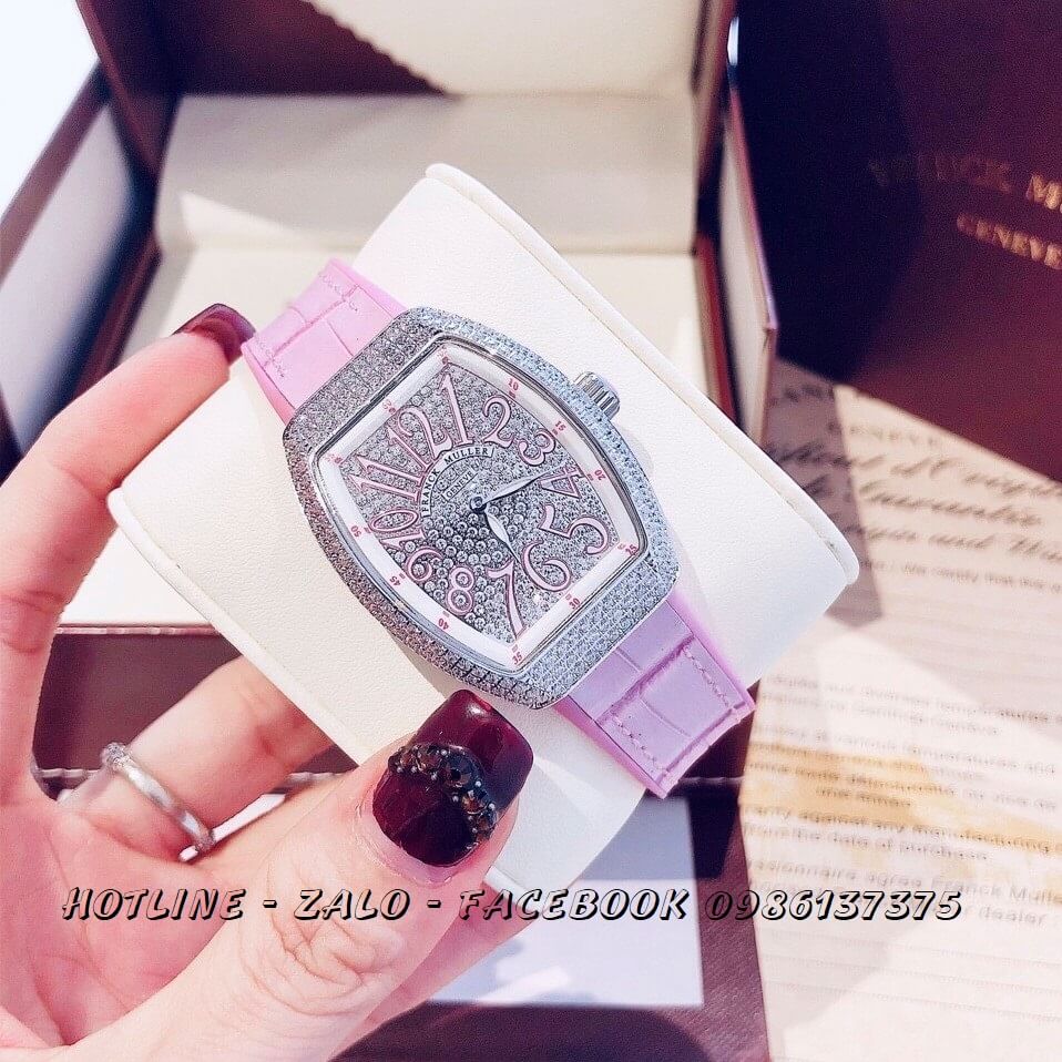 Đồng Hồ Franck Muller Nữ Dây Da Silicon Hồng Mặt Full Đá