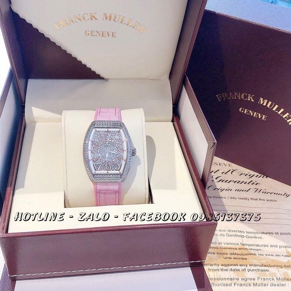 Đồng Hồ Franck Muller Nữ Dây Da Silicon Hồng Mặt Full Đá