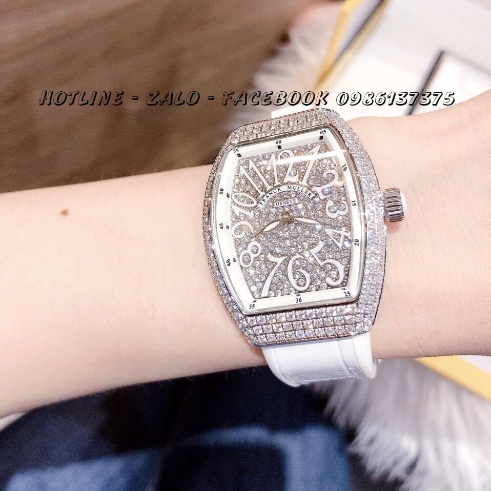 Đồng Hồ Franck Muller Nữ Dây Da Silicon Trắng Mặt Full Đá