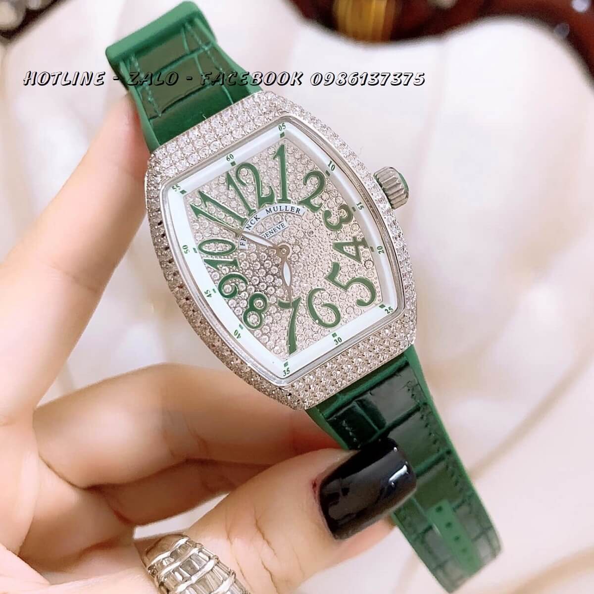 Đồng Hồ Franck Muller Nữ Dây Da Silicon Xanh Lá Mặt Full Đá