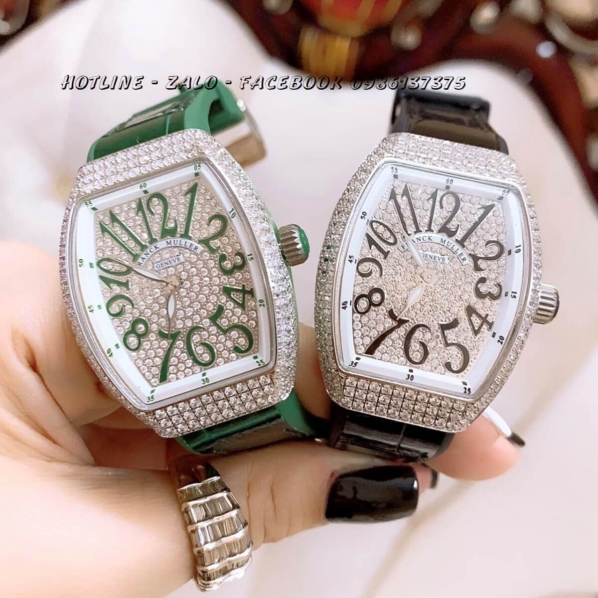 Đồng Hồ Franck Muller Nữ Dây Da Silicon Xanh Lá Mặt Full Đá