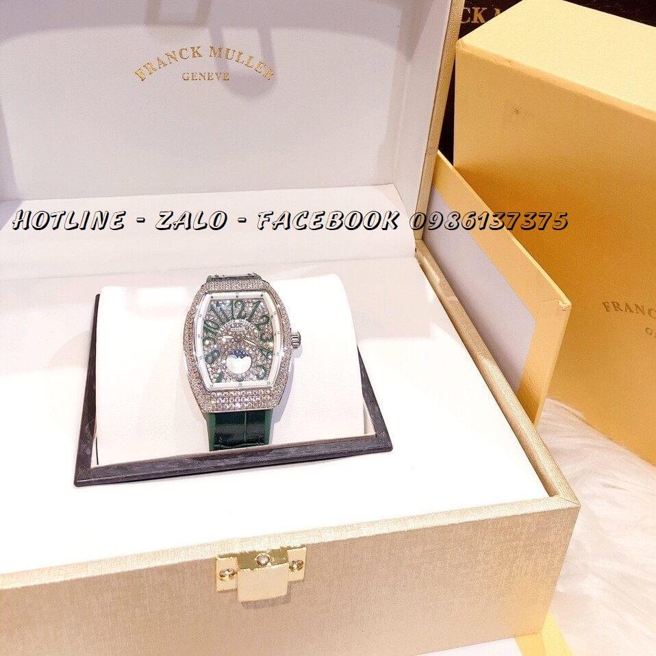 Đồng Hồ Franck Muller Nữ Dây Da Silicon Xanh Mặt Full Đá