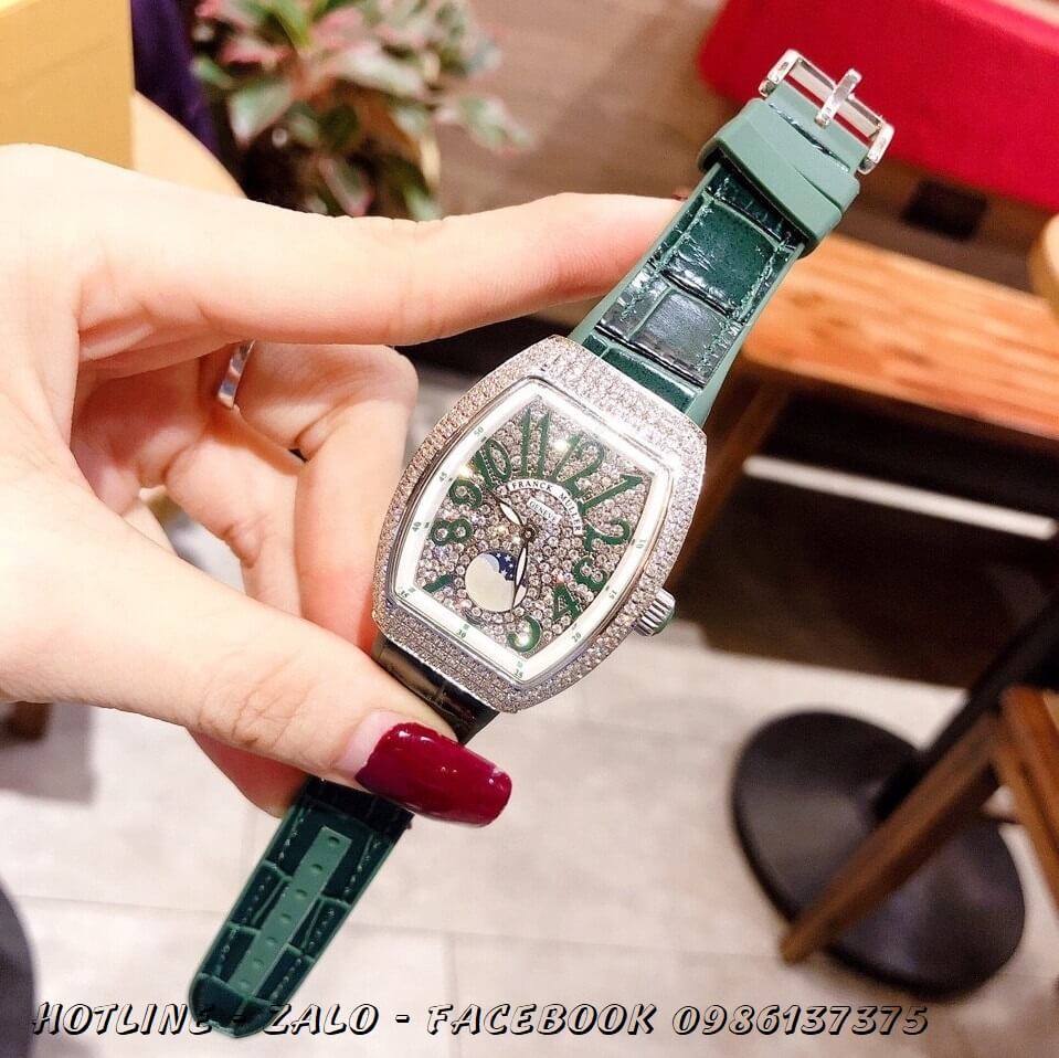 Đồng Hồ Franck Muller Nữ Dây Da Silicon Xanh Mặt Full Đá