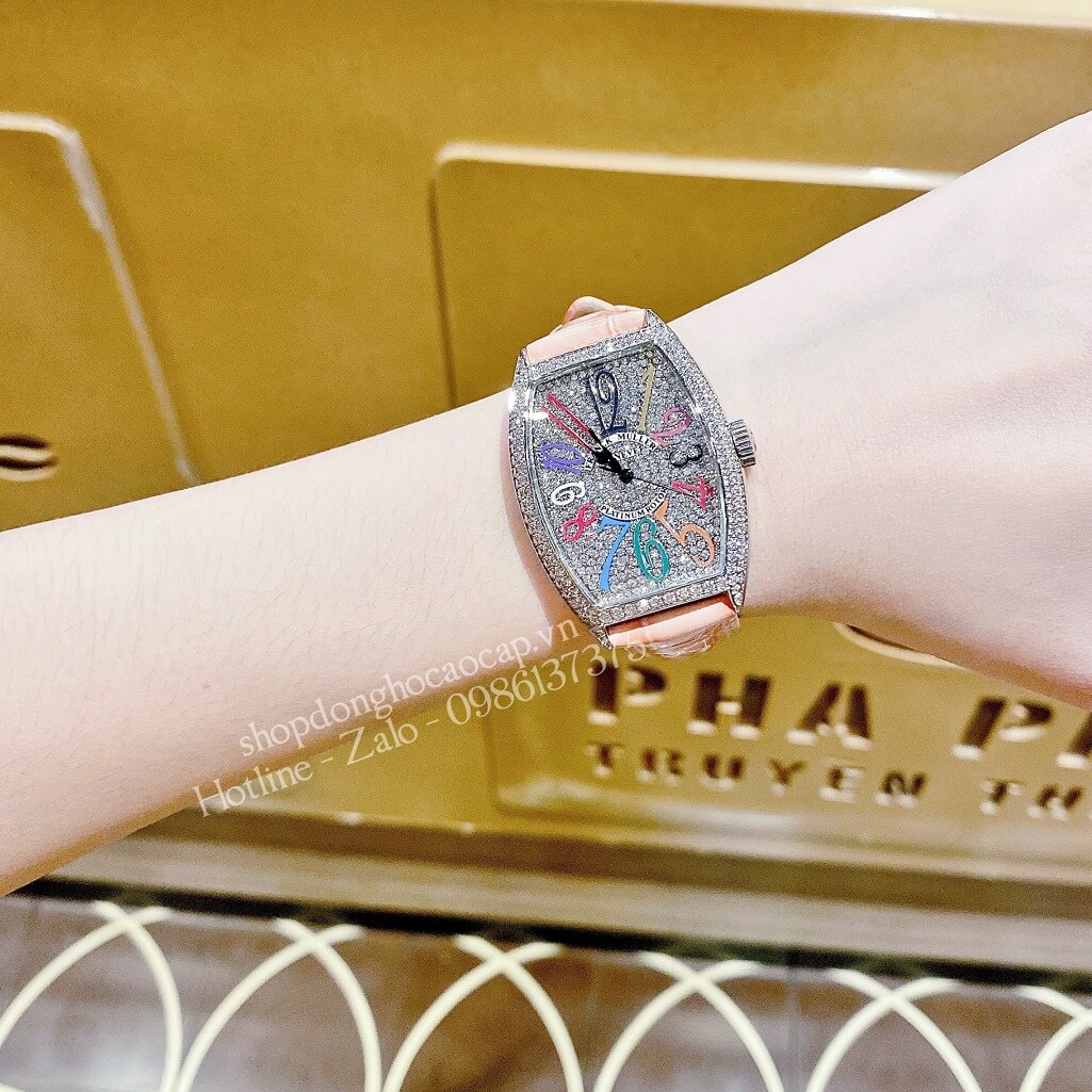 Đồng Hồ Franck Muller Nữ Dây Da Hồng Số Màu Đính Đá 33mm Silver