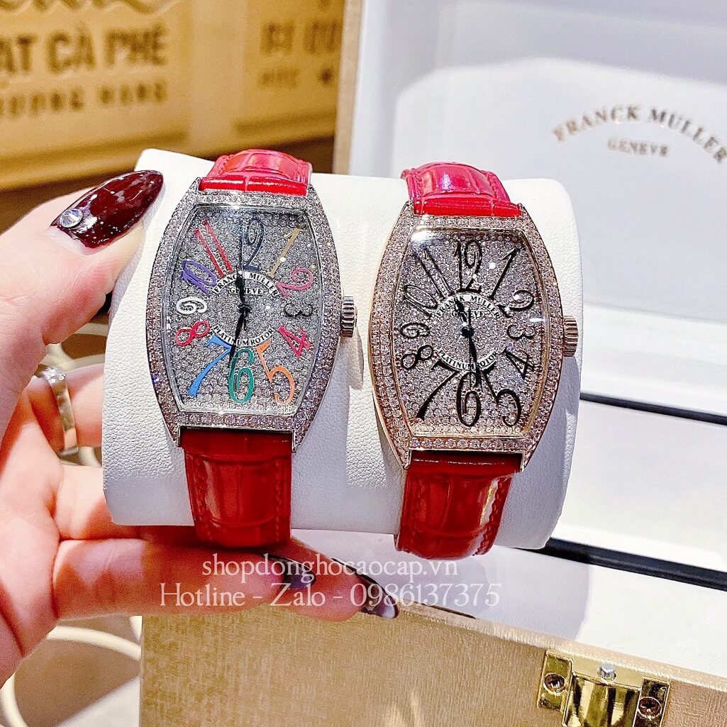 Đồng Hồ Franck Muller Nữ Dây Da Đỏ Số Đính Đá 33mm