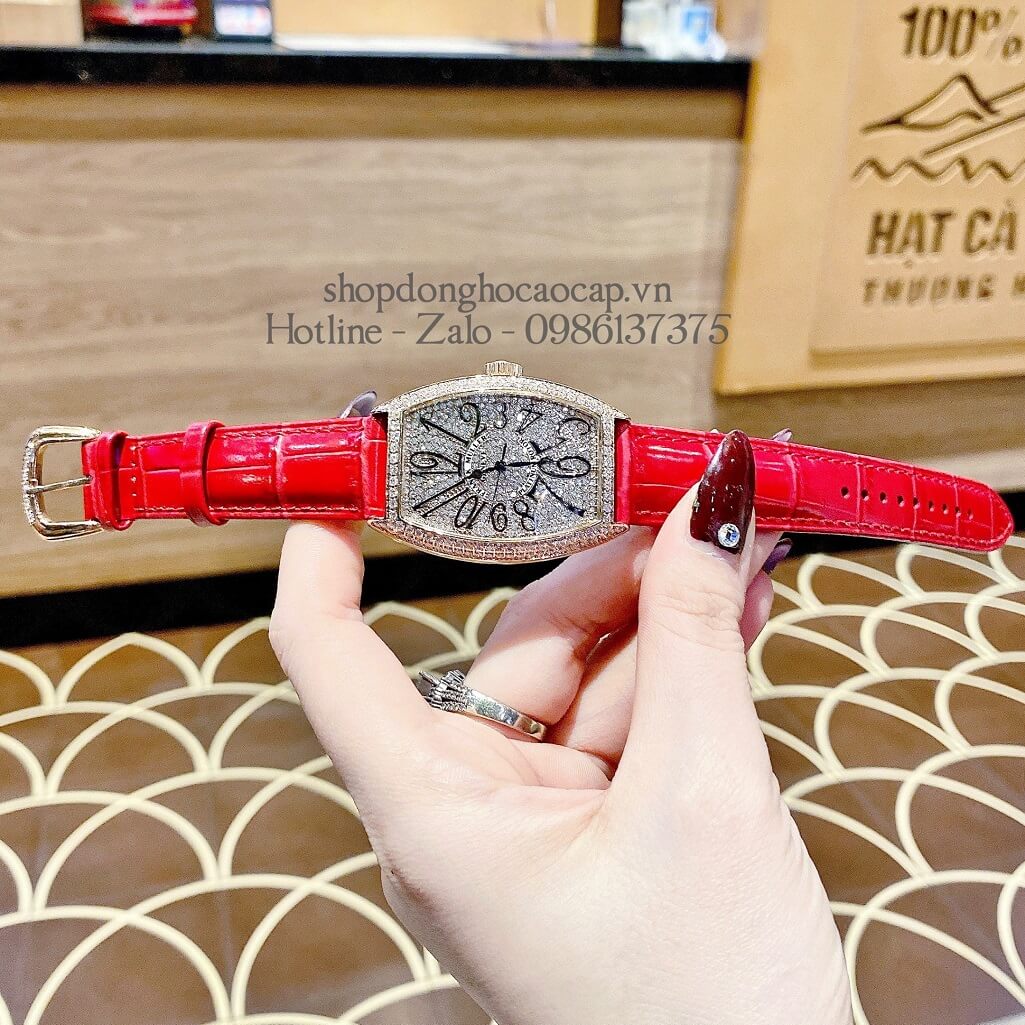 Đồng Hồ Franck Muller Nữ Dây Da Đỏ Số Đính Đá 33mm