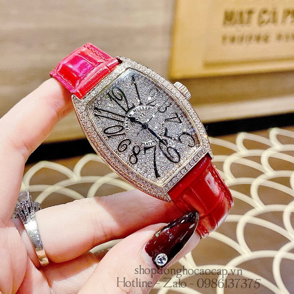 Đồng Hồ Franck Muller Nữ Dây Da Đỏ Số Đính Đá 33mm