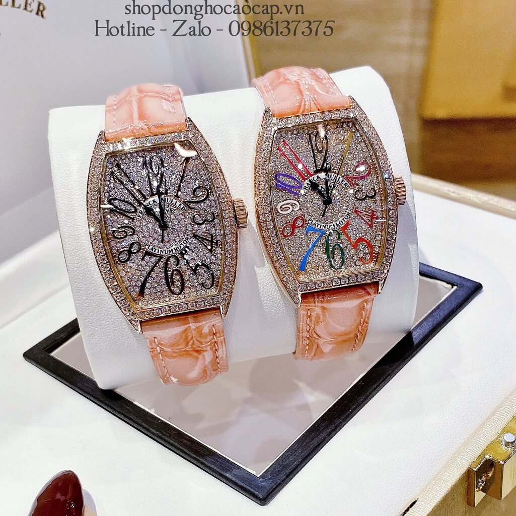 Đồng Hồ Franck Muller Nữ Dây Da Hồng Số Đính Đá 33mm Rose