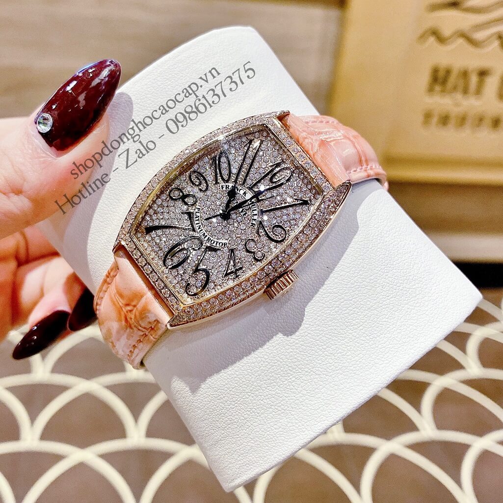 Đồng Hồ Franck Muller Nữ Dây Da Hồng Số Đính Đá 33mm Rose