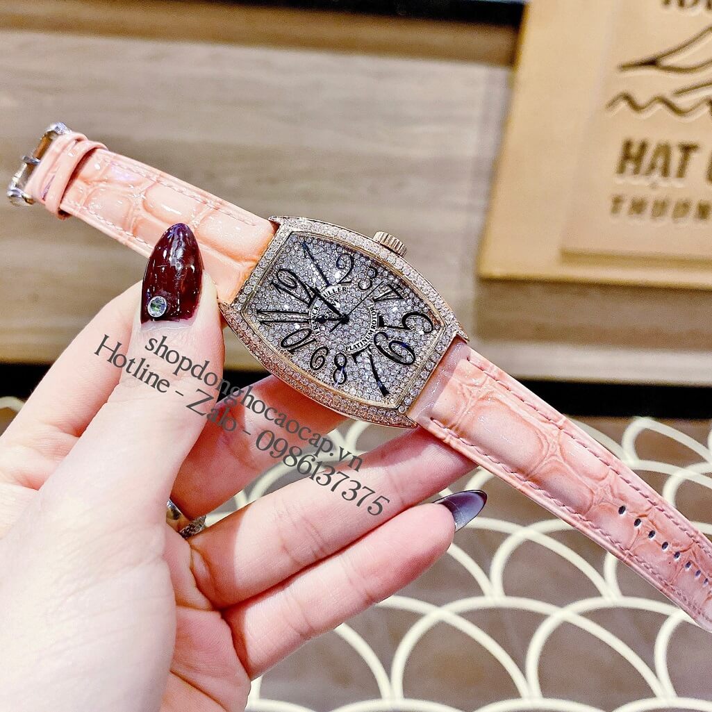 Đồng Hồ Franck Muller Nữ Dây Da Hồng Số Đính Đá 33mm Rose